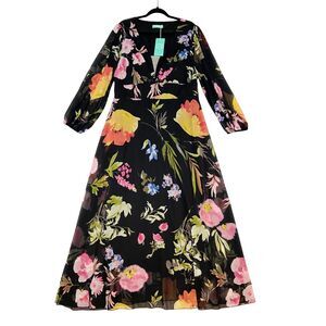 Toleen Maxi Dress Womens 2X Black Floral Modest Balloon Sleeve Flowy Long Sleeve